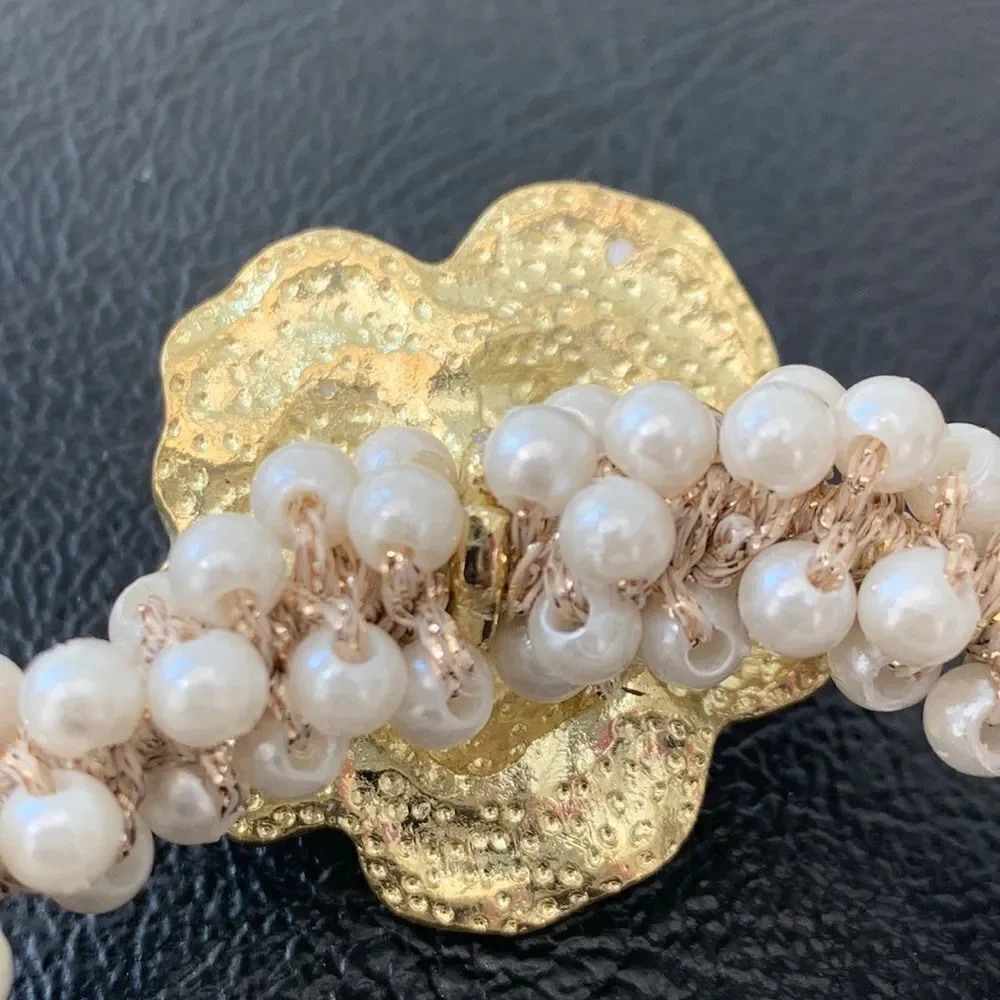 Camellia Flower Hair Tie with Faux Pearls – White Enamel & Golden Charm